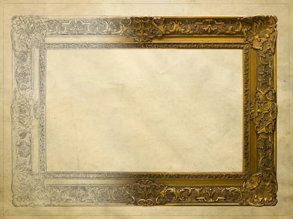 Gold picture frame on old paper background