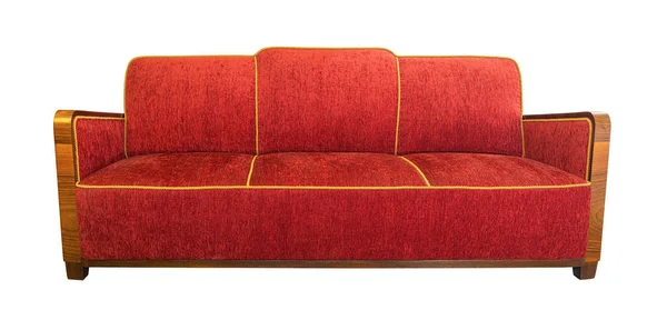 Sofá de sillón rojo tapizado estilo Art Deco con reposabrazos angulares de madera — Foto de Stock