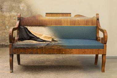 Antique Biedermeier style sofa before and after restoration, in a single photo clipart