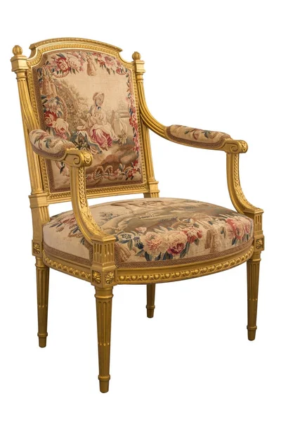 古色古香的古典风格陈年镀金木椅带正宗挂毯 — 图库照片
