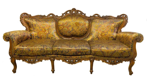 ヴィンテージ高級黄金ソファの肘掛け椅子は、白で隔離 — ストック写真