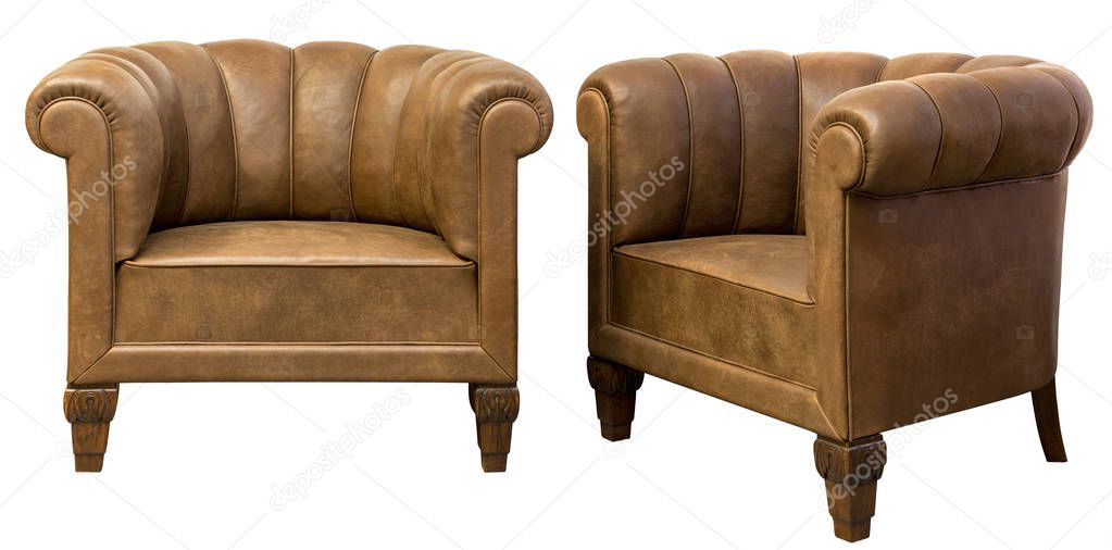 Art deco styled brown vintage armchairs isolated on white