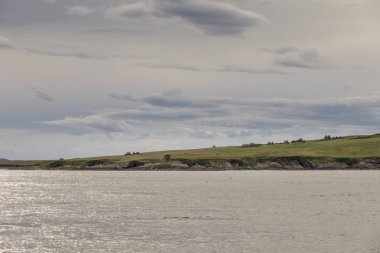 Bir yaz günü İskoçya 'da Orkney Adaları kıyı şeridi.
