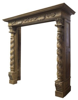 Büyük Oak Wood şömine kapısı beyaz arkaplanda izole edildi.