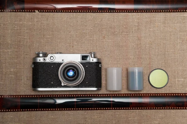 Old Slr Film Camera Lies Film Cases Film Fabric — Stock Photo, Image