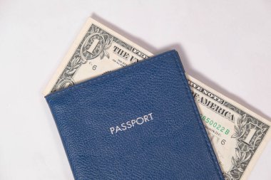 dolar faturaları ve Rus ruble veya Euro beyaz zemin üzerine mavi pasaport