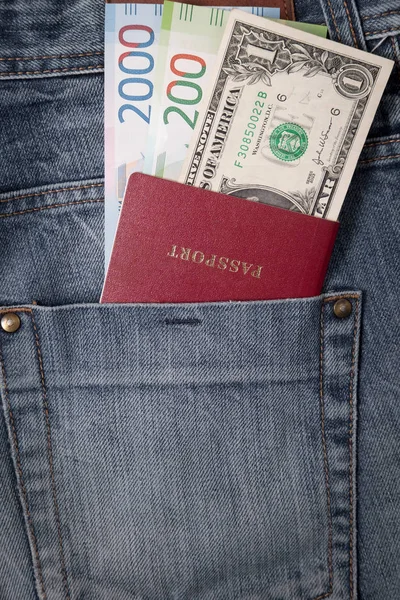 Passeport Rouge Est Dans Jean Poche Avec Dollar Nouveaux Billets — Photo