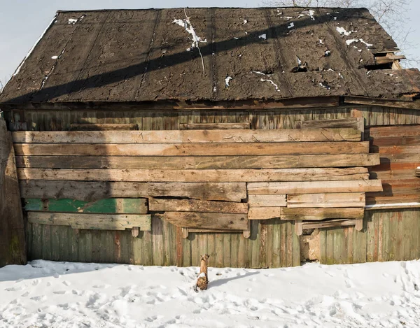 Fundo Textural Velha Casa Abandonada Com Conselhos Abordados — Fotografia de Stock