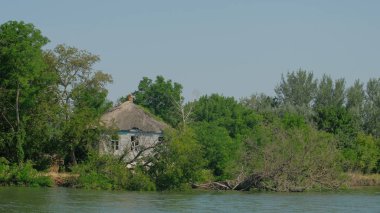 Deniz, yeşil ağaçlar ile yaz aylarında nehirler tarafından eski terk edilmiş evde