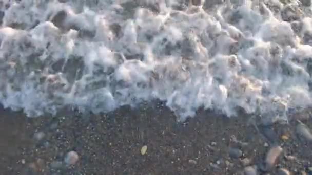 Волны Морской Воды Мыть Песчаный Скалистый Пляж Летний Вечер Спокойное — стоковое видео