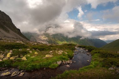 Alpine meadow with a stream near a mountain gorge and the sky with thick clouds Teberdinsky reserve