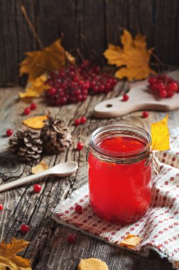 Yakın kadar kırmızı iç cam kızılcık veya kartopu ile sıcak Köyü'nde sonbahar yaprakları ile ahşap masa berry. Yiyecek içecek aile geleneği yemek mutfağı kavramları. Rahat akşam ev tatil.
