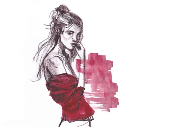 时尚插画-红色 jamper，色情姿势的女人 — 图库照片