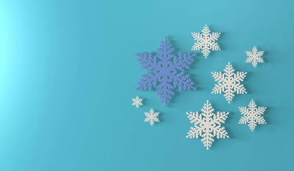 Fiocchi di neve tridimensionali bianchi e blu su sfondo in stile tiffany . — Foto Stock