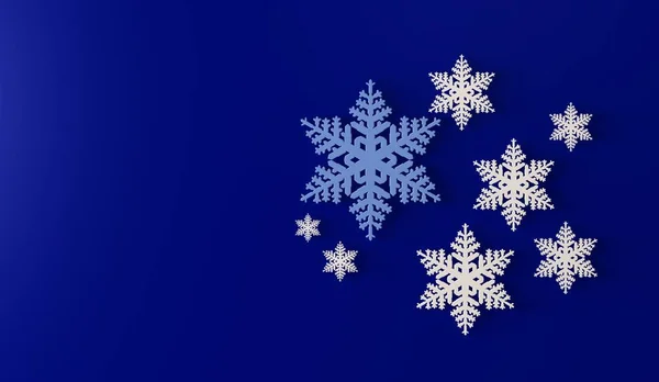 Branco e azul-claro flocos de neve tridimensionais fundo azul . — Fotografia de Stock