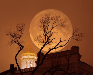 Bir kilise ve bir ağaç sisli havalarda supermoon