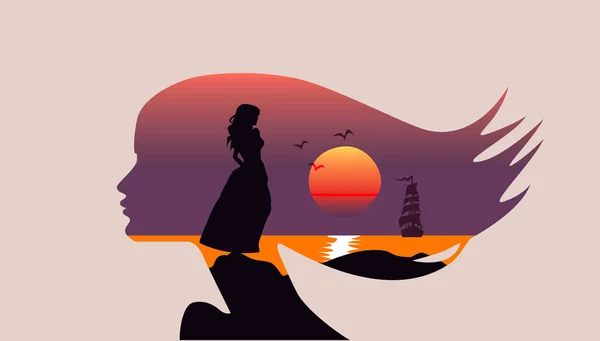 Морський пейзаж в силуеті: жіночий профіль обличчя, подвійна експозиція море, захід сонця, вітрильник — стоковий вектор