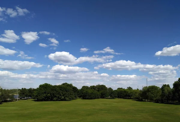 Campo de golf con árboles en un día soleado y despejado — Foto de Stock