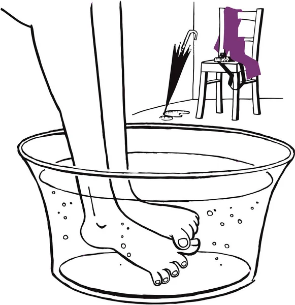 Ζέσταμα πόδια σε ένα τηγάνι τα πόδια με χλιαρό νερό μετά τη βροχή — Διανυσματικό Αρχείο