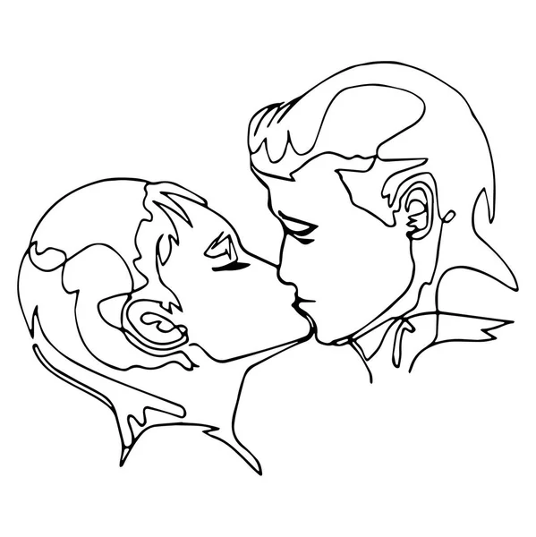 Непрерывный рисование линии - мужчина и женщина целуются — стоковый вектор