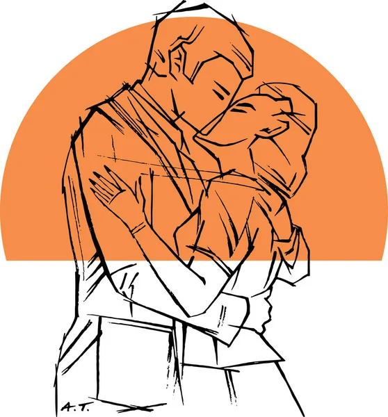 Ретро стилізована пара цілується перед помаранчевим сонцем — стоковий вектор