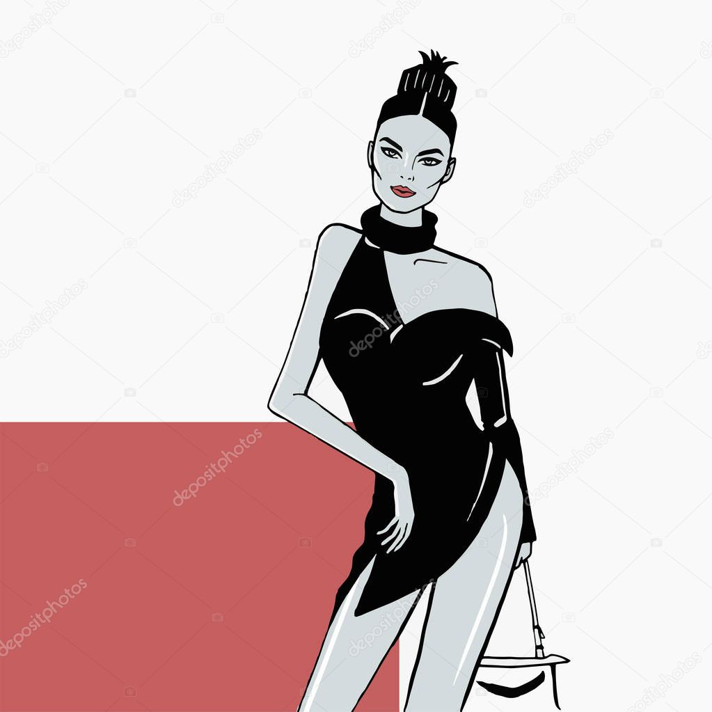 Fashion girl in a short black dress