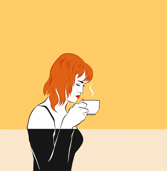 Una chica pelirroja olfateando café, taza por la cara — Vector de stock