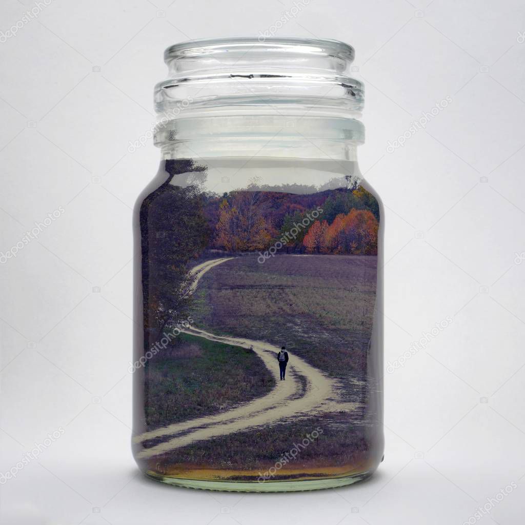 Landscape in jar, double exposure