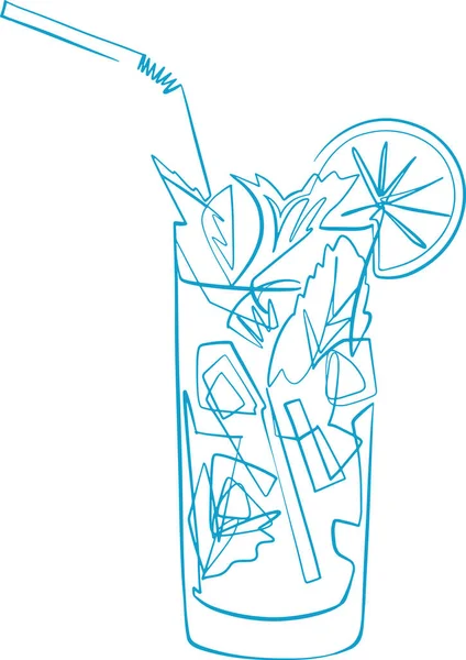 Vaso con bebida Mojito, tubo y hielo, dibujo minimalista — Vector de stock