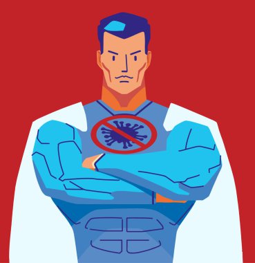 Athletic man in white coat with stop virus emblem vector Athletic man in white coat with stop virus emblem vector