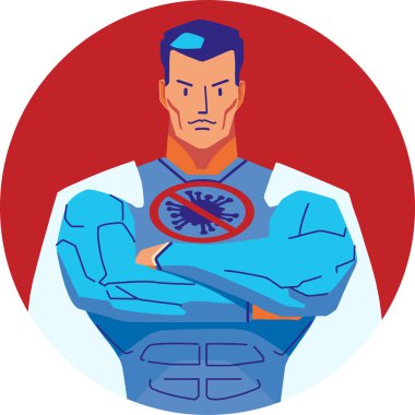 Athletic man in white coat with stop virus emblem vector Athletic man in white coat with stop virus emblem vector