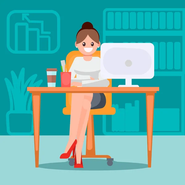 Žena v kanceláři na stole. Vektorové ilustrace plochá — Stockový vektor