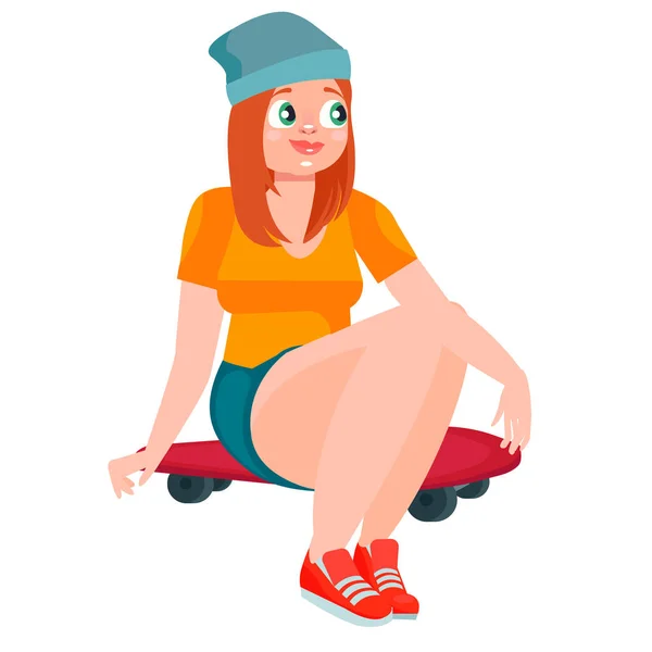 Meisje in een hoed zit op een skateboard — Stockvector