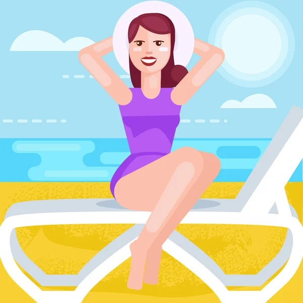 Mulher de chapéu e fato de banho, no mar, sentada numa cadeira de praia . —  Vetores de Stock