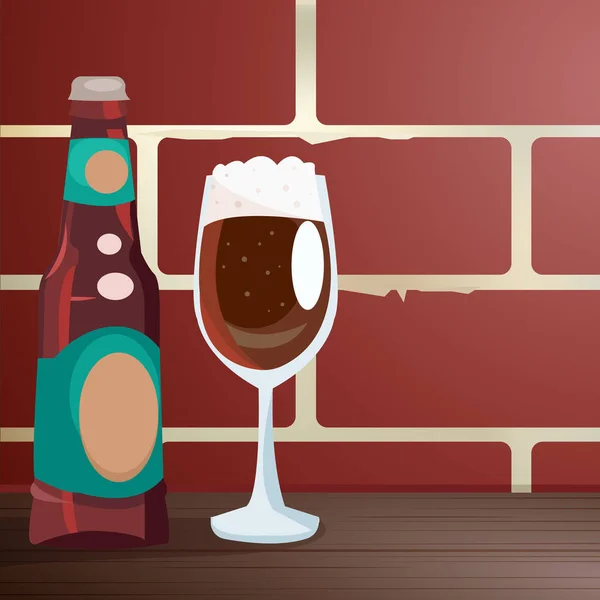 Ремесленное пиво на деревянном столе, возле кирпичной стены — стоковый вектор