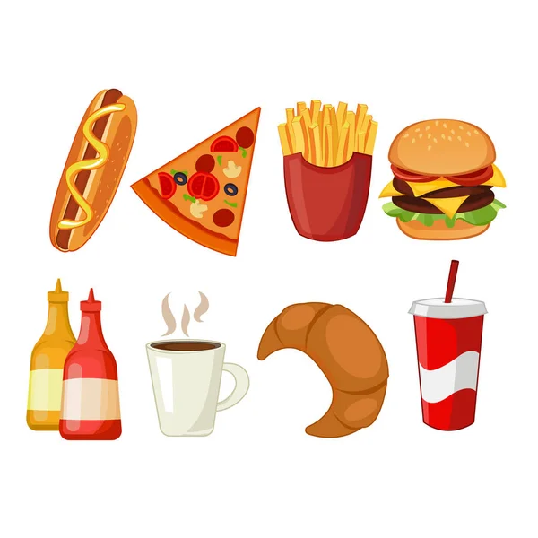 Kolorowe ikony z fast food posiłków na białym tle zestaw. — Wektor stockowy