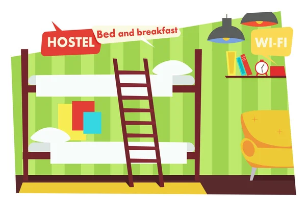 Habitación en Hostel. Cama y desayuno — Vector de stock