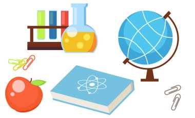 Okul nesnelerden ayarlayın. Apple, Küre, test tüpleri, kitap, bilim, klip