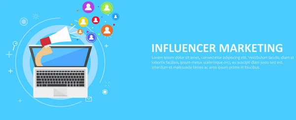 Influencer marketing banner. From the computer comes out a hand with a megaphone, calling users. — Stock Vector