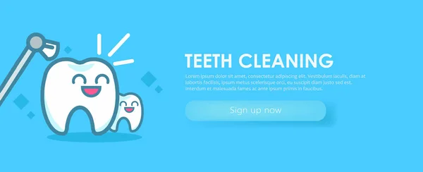 Banner de Odontología Limpieza de Dientes. Lindos personajes kawaii — Archivo Imágenes Vectoriales