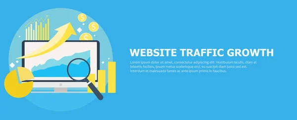 Website traffic growth banner.  Computer with diagrams, growth charts. Magnifying glass — Stock Vector
