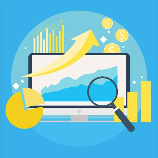 Banner de crecimiento del tráfico del sitio web. Computadora con diagramas, gráficos de crecimiento. Lupa — Vector de stock