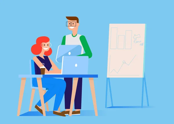 Банер команди Сео. Чоловік і жінка в офісі за комп'ютером і планшетом. Графіки, таблиці та діаграми — стоковий вектор