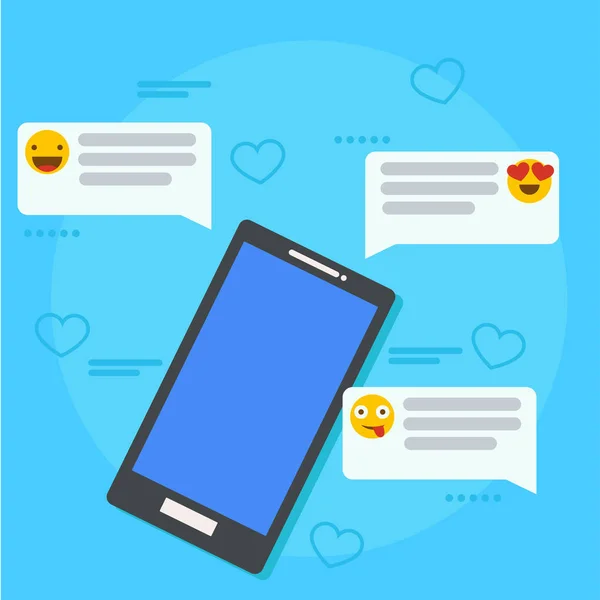 Feedback und Referenzen Banner. Telefon mit Bewertungen, Emoticons und Kommentaren. — Stockvektor