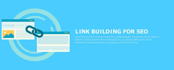 Link building for seo banner. Two pages are connected by a chain — Stock Vector