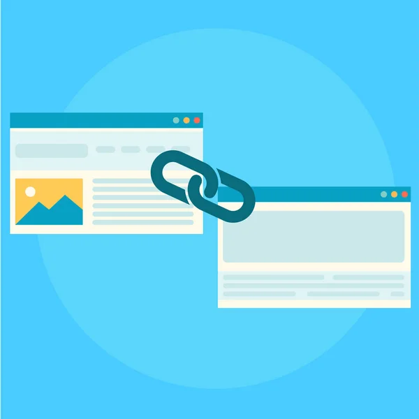 Link building for seo banner. Two pages are connected by a chain — Stock Vector