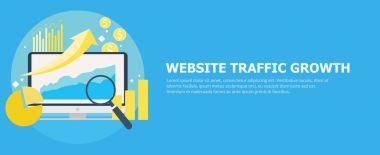 Web sitesi trafik büyüme afiş. Diyagramları, büyüme çizelgeleri kontrol edin. Büyüteç camı