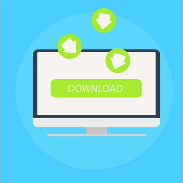 Downloading file to computer banner. The green arrows going to the monitor — Stock Photo, Image