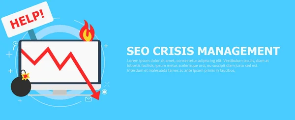 Seo crisis management. Computer is on fire, bomb, table Help.  illustration
