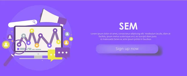 Search Engine Marketing banner. Computer with object, diagram, user icon